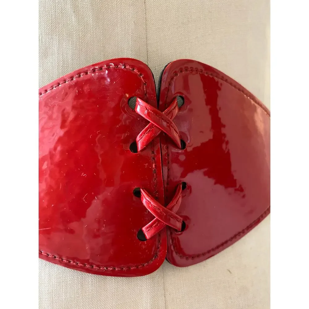 vintage 1980s red patent corset belt, 80s accessories, cinch, graduated, hot, m